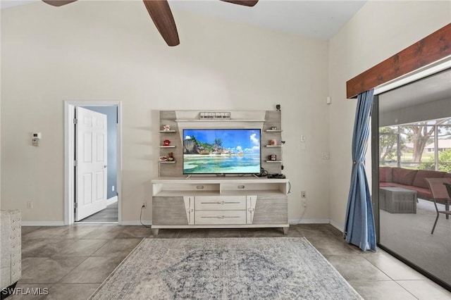 17971 Bermuda Dunes Dr, Fort Myers, FL 33967 - tiled living area with a ceiling fan and a towering ceiling