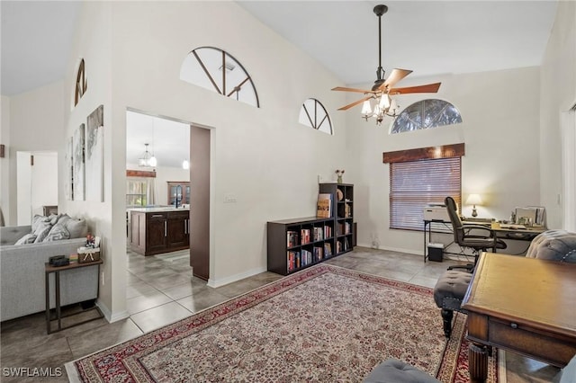17971 Bermuda Dunes Dr, Fort Myers, FL 33967 - living room featuring a ceiling fan, high vaulted ceiling, healthy amount of natural light, and an office area