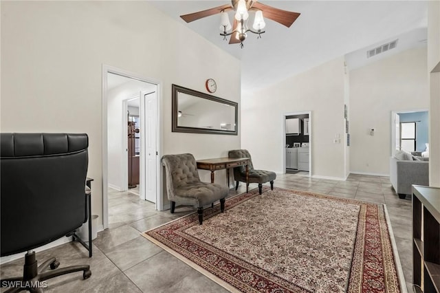17971 Bermuda Dunes Dr, Fort Myers, FL 33967 - living room with a ceiling fan, light tile patterned floors, and high vaulted ceiling