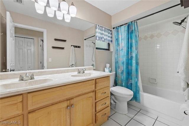 17971 Bermuda Dunes Dr, Fort Myers, FL 33967 - bathroom with tile patterned floors, double vanity, and shower / bath combo with shower curtain