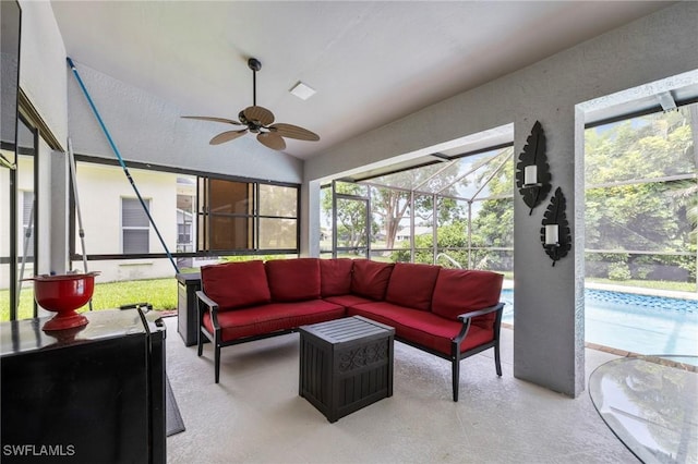 17971 Bermuda Dunes Dr, Fort Myers, FL 33967 - sunroom / solarium with outdoor lounge area, ceiling fan, vaulted ceiling, and healthy amount of natural light