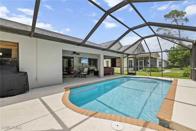 17971 Bermuda Dunes Dr, Fort Myers, FL 33967 - swimming pool with a patio, ceiling fan, an outdoor living space, glass enclosure, and area for grilling