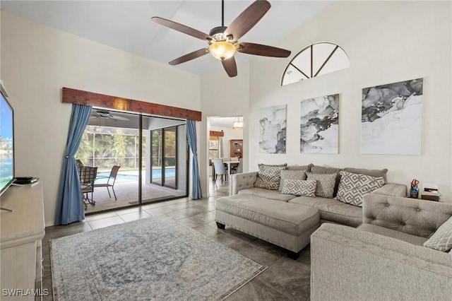 17971 Bermuda Dunes Dr, Fort Myers, FL 33967 - living area with a ceiling fan and a towering ceiling