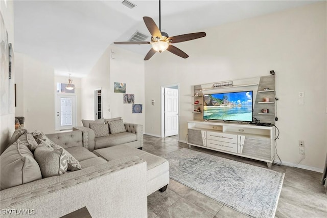 17971 Bermuda Dunes Dr, Fort Myers, FL 33967 - living area with a ceiling fan, high vaulted ceiling, and tile patterned floors