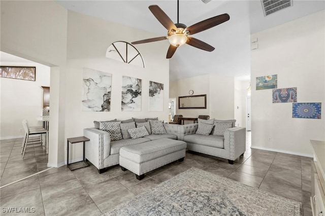 17971 Bermuda Dunes Dr, Fort Myers, FL 33967 - living room featuring a towering ceiling and ceiling fan