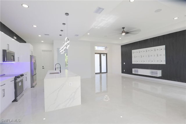 1803 Venice Ave N, Lehigh Acres, FL 33971 - kitchen featuring appliances with stainless steel finishes, modern cabinets, recessed lighting, white cabinets, and ceiling fan