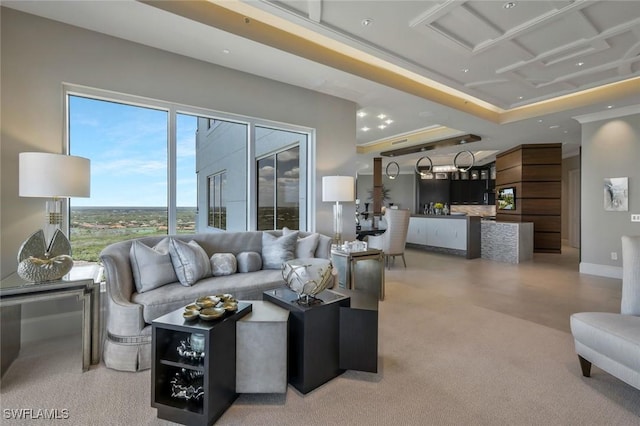 living room with light colored carpet and recessed lighting
