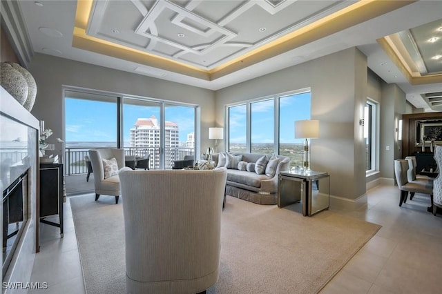 living room with a tray ceiling
