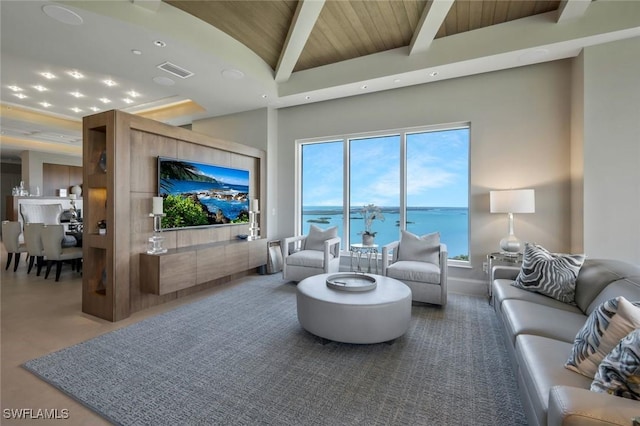 living area featuring wood ceiling and recessed lighting