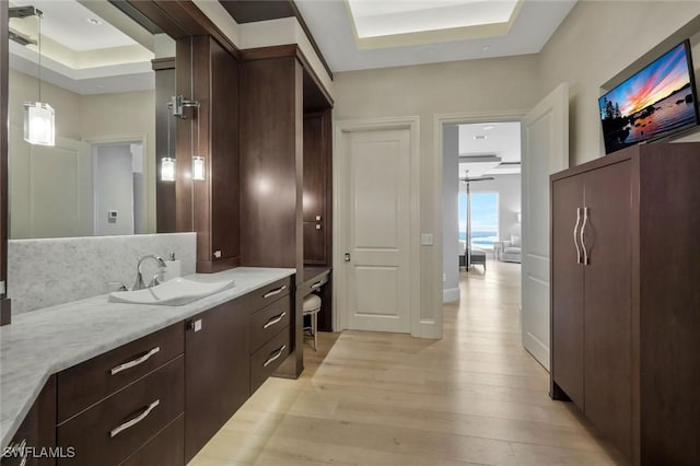bathroom featuring a raised ceiling, wood finished floors, and vanity