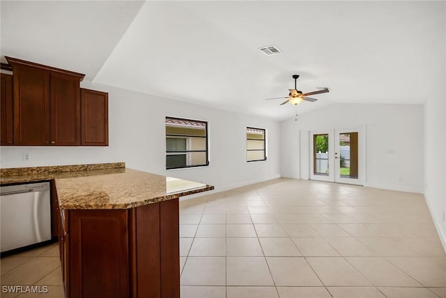 519 99th Ave N, Naples, FL 34108 - kitchen featuring stainless steel dishwasher, lofted ceiling, a ceiling fan, light tile patterned floors, and open floor plan