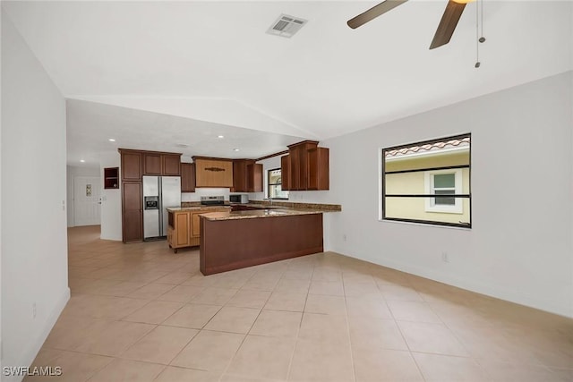 519 99th Ave N, Naples, FL 34108 - kitchen featuring appliances with stainless steel finishes, lofted ceiling, a ceiling fan, a peninsula, and recessed lighting