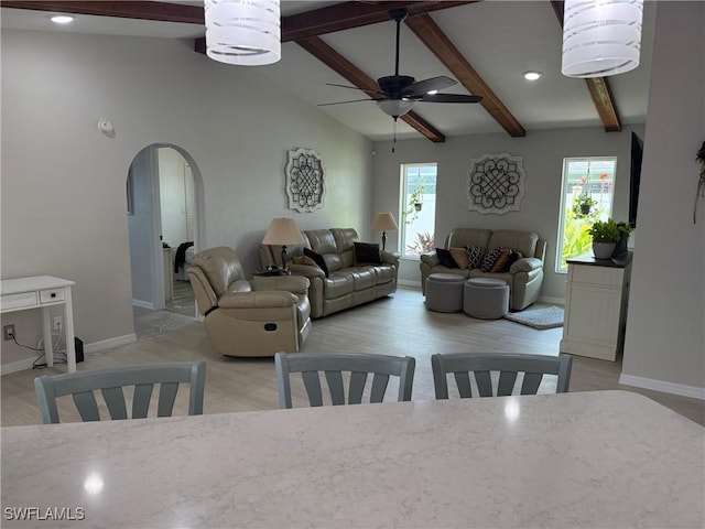 804 SW Santa Barbara Pl, Cape Coral, FL 33991 - living room featuring a ceiling fan, arched walkways, recessed lighting, and light wood-style floors