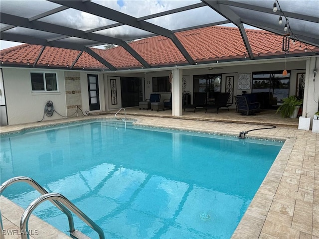 804 SW Santa Barbara Pl, Cape Coral, FL 33991 - swimming pool featuring outdoor lounge area, a patio area, ceiling fan, and a lanai