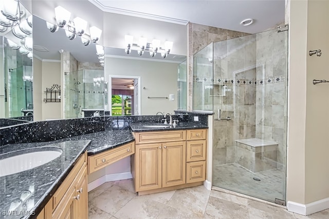 15050 Lakeside View Dr Unit 1003, Fort Myers, FL 33919 - bathroom featuring ornamental molding, vanity, and a stall shower