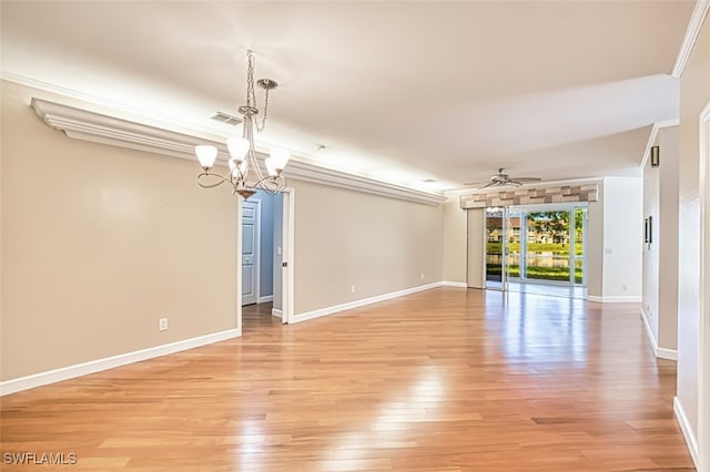 15050 Lakeside View Dr Unit 1003, Fort Myers, FL 33919 - spare room with a chandelier, a ceiling fan, light wood-type flooring, and crown molding