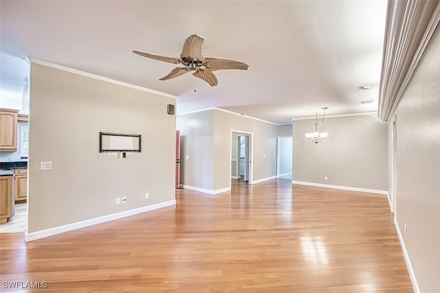 15050 Lakeside View Dr Unit 1003, Fort Myers, FL 33919 - unfurnished living room featuring a chandelier, crown molding, a ceiling fan, and light wood-style floors