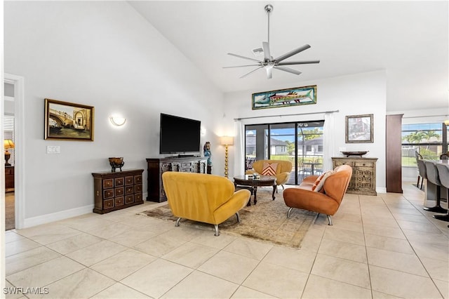 2502 SW 17th Ave, Cape Coral, FL 33914 - living room featuring high vaulted ceiling, light tile patterned flooring, and a ceiling fan