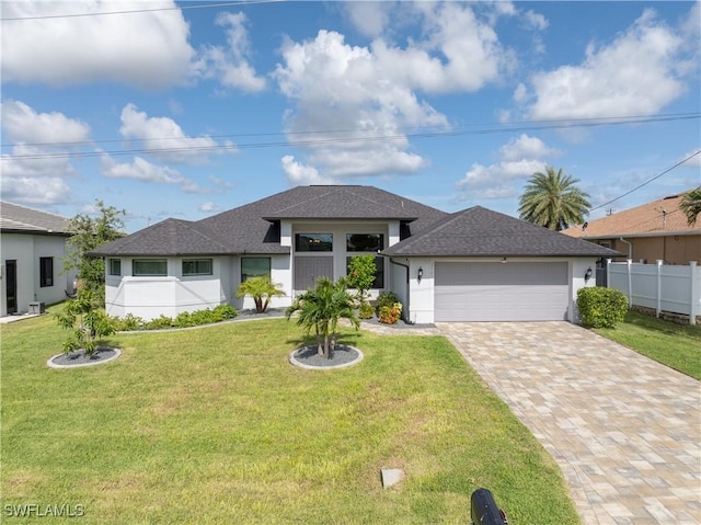 2502 SW 17th Ave, Cape Coral, FL 33914 - prairie-style home with stucco siding, roof with shingles, an attached garage, and driveway