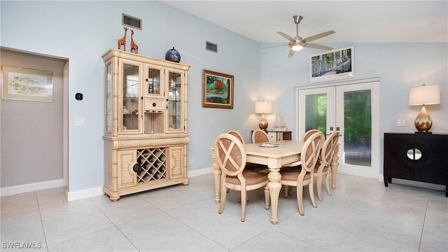 5961 Sea Grass Ln, Naples, FL 34116 - dining area with ceiling fan, french doors, light tile patterned flooring, and high vaulted ceiling