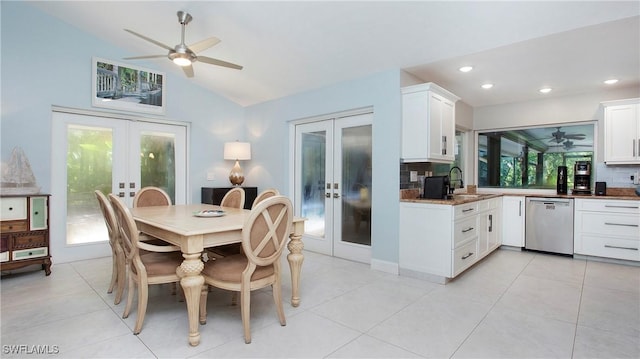 5961 Sea Grass Ln, Naples, FL 34116 - dining area featuring french doors, ceiling fan, lofted ceiling, recessed lighting, and light tile patterned floors