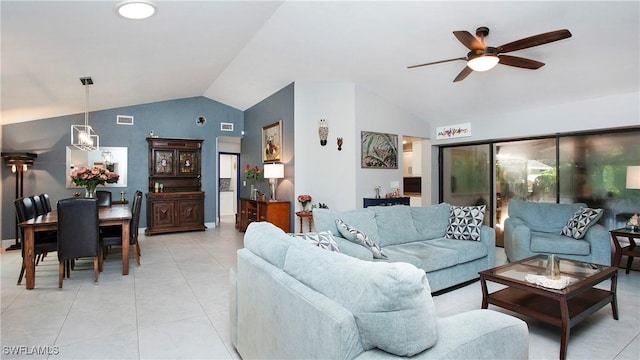 5961 Sea Grass Ln, Naples, FL 34116 - living area with lofted ceiling, a ceiling fan, and light tile patterned floors