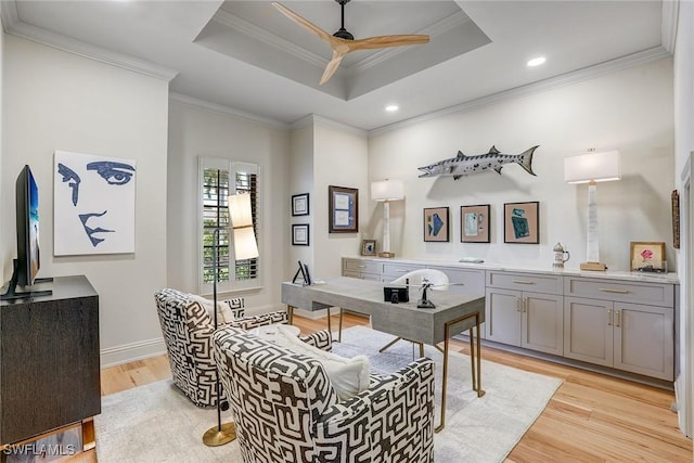 9691 Monteverdi Way, Fort Myers, FL 33912 - office with light wood-style floors, ceiling fan, crown molding, a tray ceiling, and recessed lighting