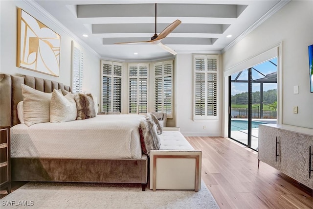 9691 Monteverdi Way, Fort Myers, FL 33912 - bedroom with access to exterior, crown molding, wood finished floors, recessed lighting, and beamed ceiling