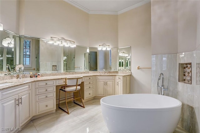 9691 Monteverdi Way, Fort Myers, FL 33912 - bathroom featuring a soaking tub, double vanity, a towering ceiling, crown molding, and tile patterned floors