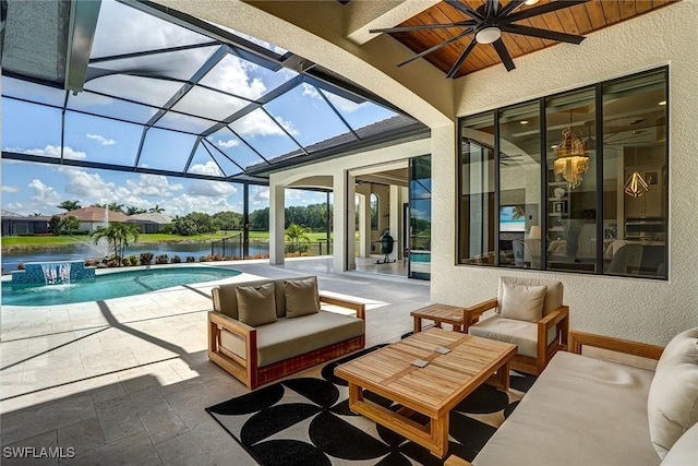 9691 Monteverdi Way, Fort Myers, FL 33912 - view of patio / terrace featuring an outdoor living space, ceiling fan, an outdoor pool, and a water view