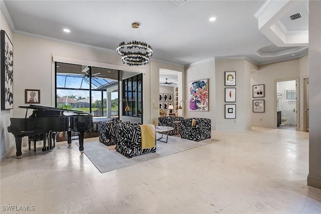 9691 Monteverdi Way, Fort Myers, FL 33912 - living area featuring ceiling fan, crown molding, a chandelier, and recessed lighting
