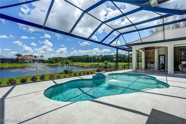 9691 Monteverdi Way, Fort Myers, FL 33912 - swimming pool with a patio, a water view, ceiling fan, and a lanai