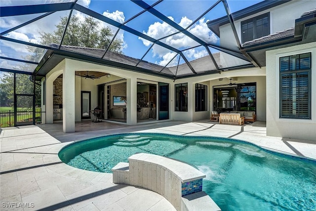 9691 Monteverdi Way, Fort Myers, FL 33912 - outdoor pool with a ceiling fan, a patio area, an outdoor hangout area, and a lanai