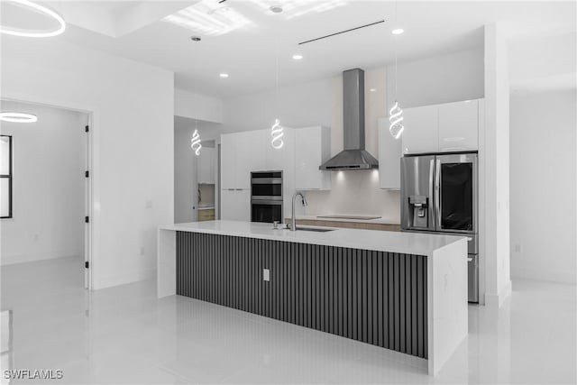 807 Hamilton Ave, Lehigh Acres, FL 33972 - kitchen featuring wall chimney exhaust hood, appliances with stainless steel finishes, modern cabinets, white cabinets, and light tile patterned flooring