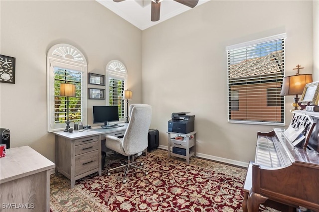 8331 Adelio Ln, Fort Myers, FL 33912 - office area featuring ceiling fan, healthy amount of natural light, and vaulted ceiling