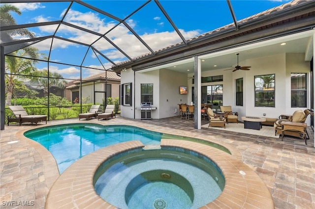 8331 Adelio Ln, Fort Myers, FL 33912 - view of pool featuring an outdoor living space, a patio, a pool with connected hot tub, ceiling fan, and a lanai