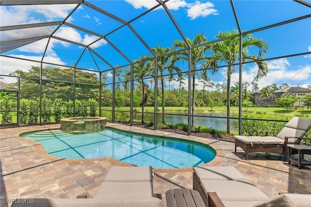 8331 Adelio Ln, Fort Myers, FL 33912 - view of swimming pool with a patio, a water view, a pool with connected hot tub, and a lanai