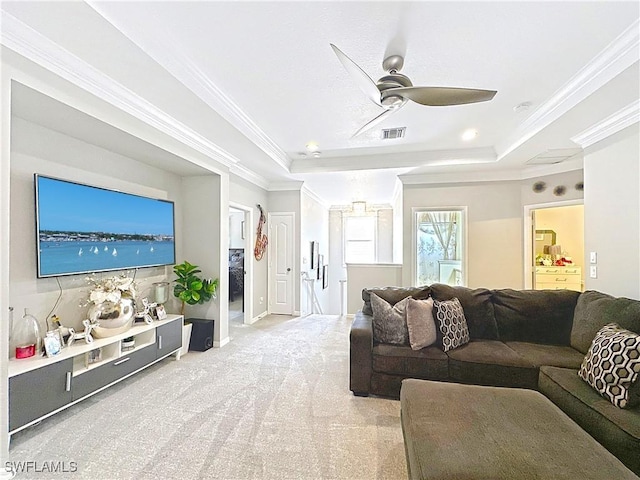 3032 Via Rialto St, Fort Myers, FL 33905 - living area with a raised ceiling, a ceiling fan, light colored carpet, and crown molding