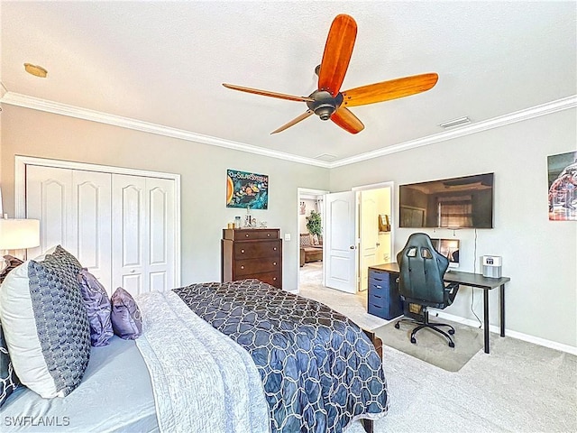 3032 Via Rialto St, Fort Myers, FL 33905 - carpeted bedroom featuring crown molding, a closet, a desk, a ceiling fan, and ensuite bathroom
