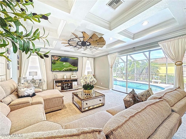 3032 Via Rialto St, Fort Myers, FL 33905 - carpeted living area featuring a sunroom, ornamental molding, ceiling fan, coffered ceiling, and beamed ceiling