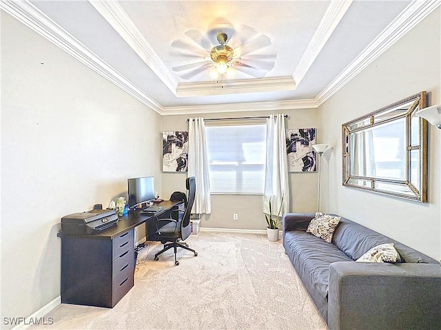 3032 Via Rialto St, Fort Myers, FL 33905 - office area with a raised ceiling, light carpet, crown molding, and ceiling fan