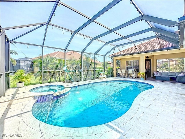 3032 Via Rialto St, Fort Myers, FL 33905 - view of swimming pool featuring an outdoor living space, a patio, a pool with connected hot tub, outdoor dining area, and a lanai
