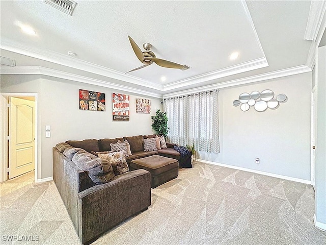 3032 Via Rialto St, Fort Myers, FL 33905 - carpeted living room with ceiling fan, ornamental molding, a raised ceiling, and recessed lighting