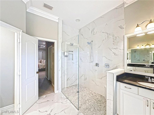 3032 Via Rialto St, Fort Myers, FL 33905 - ensuite bathroom featuring marble finish floors, a marble finish shower, vanity, and crown molding