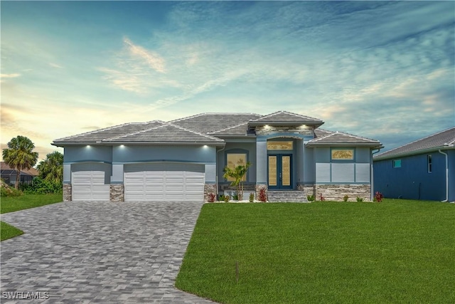 221 Rotonda Blvd S, Rotonda West, FL 33947 - view of front of house featuring stone siding, french doors, an attached garage, decorative driveway, and a front yard