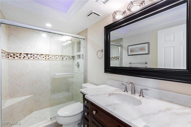 380 Seaview Ct Unit 1505, Marco Island, FL 34145 - full bath with vanity, a shower stall, recessed lighting, and ornamental molding