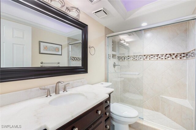 380 Seaview Ct Unit 1505, Marco Island, FL 34145 - full bathroom featuring vanity, a shower stall, and ornamental molding