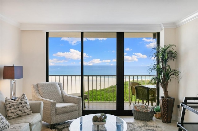 380 Seaview Ct Unit 1505, Marco Island, FL 34145 - tiled living room featuring view of water and beach and crown molding