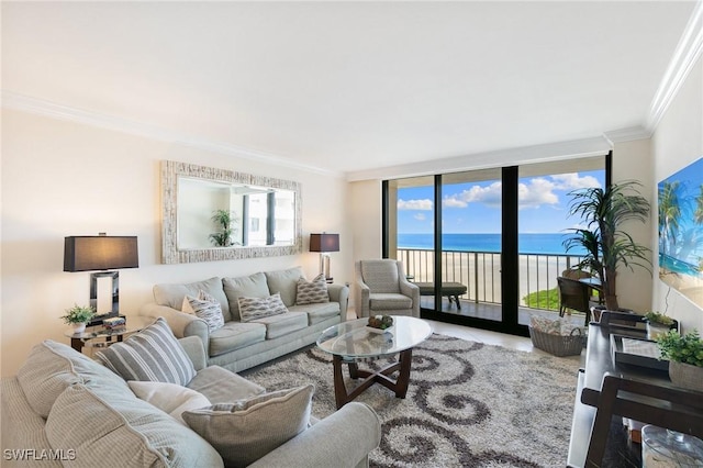 380 Seaview Ct Unit 1505, Marco Island, FL 34145 - living area with crown molding, a water view, and floor to ceiling windows