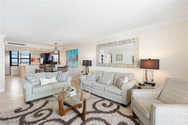 380 Seaview Ct Unit 1505, Marco Island, FL 34145 - living area with ornamental molding, light tile patterned floors, and a chandelier
